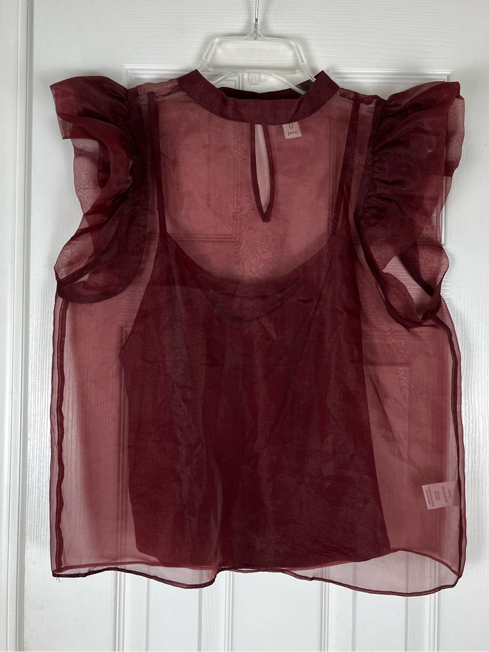 Joie Red Wine Sheer Organza High Neck Blouse Sz M Flutter Sleeves